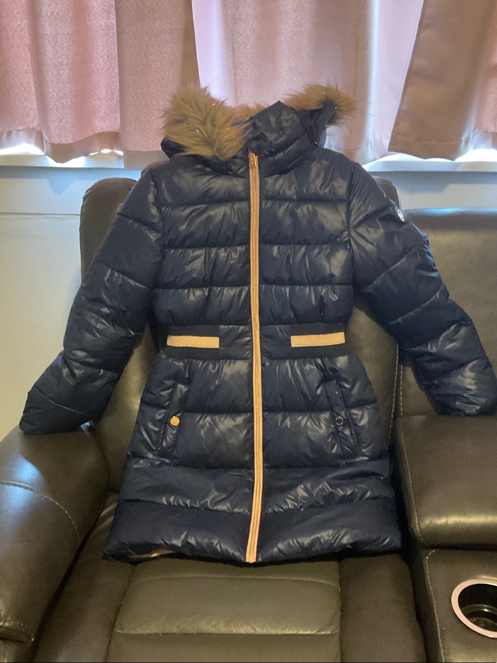 Michael Kors Girls' Navy Puffer Coat with Faux Fur Hood